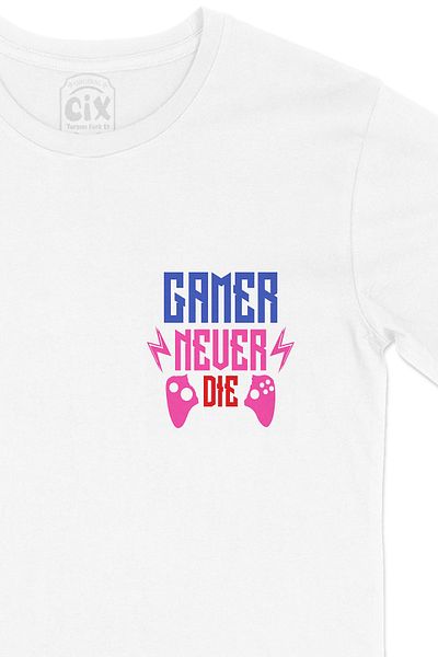 Cix Tricou alb Gamer Never Die cu design de logo de buzunar