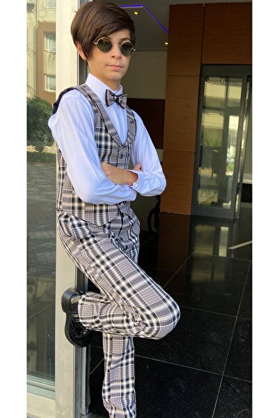 WENA KİDS Çocuk Yelekli Takım Elbise Gömlekli Set Ekose Kahve Siyah