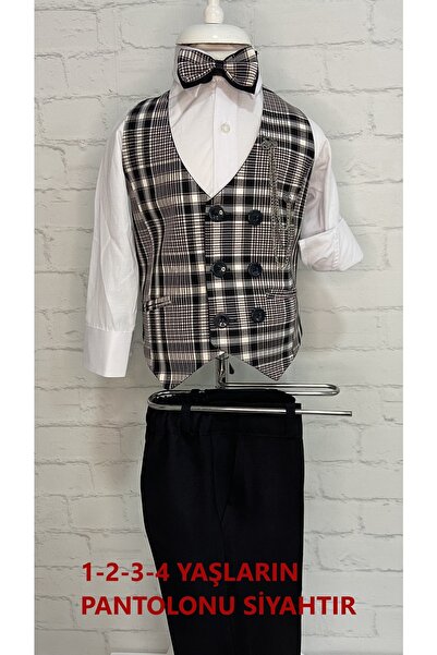 WENA KİDS Çocuk Yelekli Takım Elbise Gömlekli Set Ekose Kahve Siyah