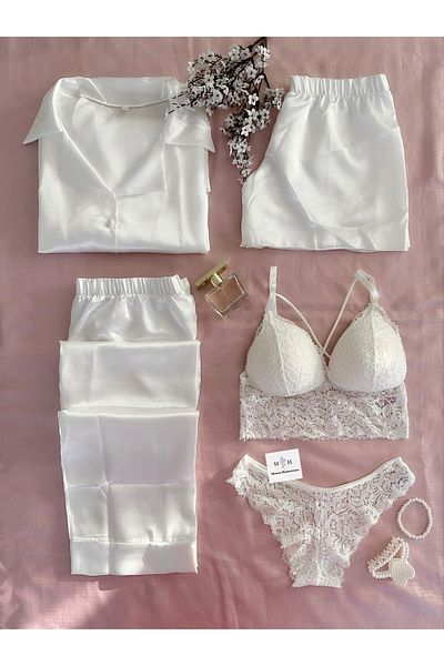 MH Moony Homewears Set de zestre pentru pijama din satin Duru Bianco, 5 piese