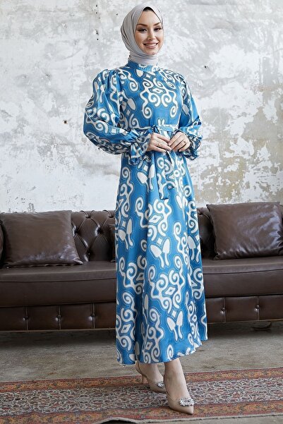 InStyle Amaris Desenli Kuşaklı Saten Elbise - Indigo
