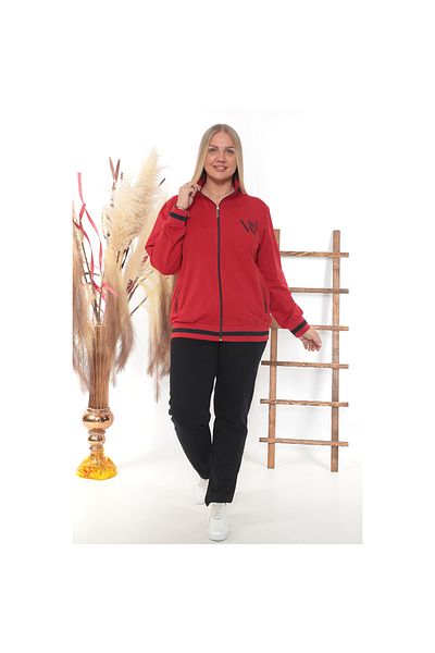 WND SPORT High Collar Back and Chest Printed Stone Detailed Classic Leg 2-Piece Wnd Women's Plus Size Tracksuit Set