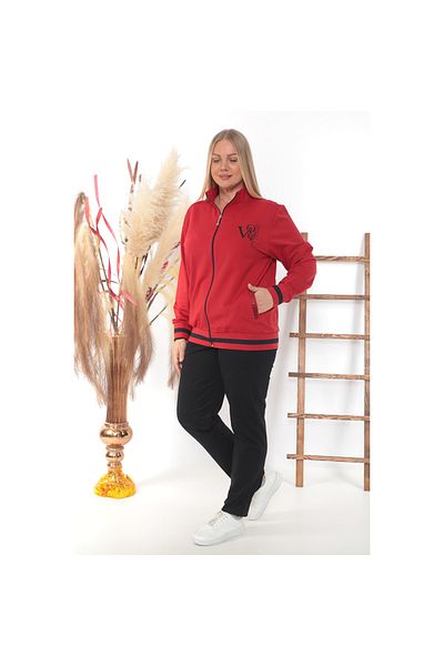 WND SPORT High Collar Back and Chest Printed Stone Detailed Classic Leg 2-Piece Wnd Women's Plus Size Tracksuit Set