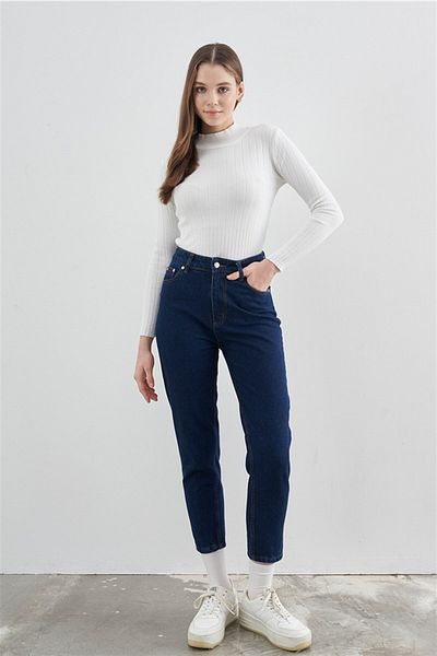 Trn JNS High Waist Dark Blue Navy Blue Mom Lycra Colorfast Dark Blue Extra Comfortable Mom Jeans