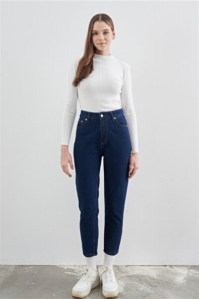 Trn JNS Ψηλόμεσο σκούρο μπλε Navy Blue Mom Lycra Colorfast Dark Blue Extra Comfortable Mom Jeans