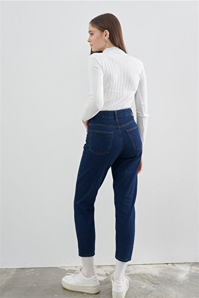 Trn JNS Ψηλόμεσο σκούρο μπλε Navy Blue Mom Lycra Colorfast Dark Blue Extra Comfortable Mom Jeans