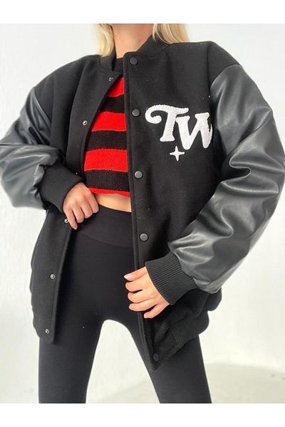 TALLY WEIJL Oversize Black Bomber Jacket with Leather Look Sleeves
