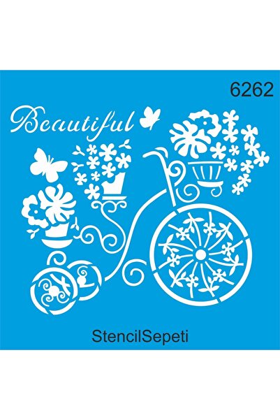 StencilSepeti Bicycle And Flowers Pattern - Stencil Painting Template 40x40cm