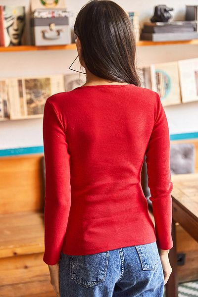 Olalook Women's Red Robe Detailed Lycra Corded Blouse BLZ-19002098