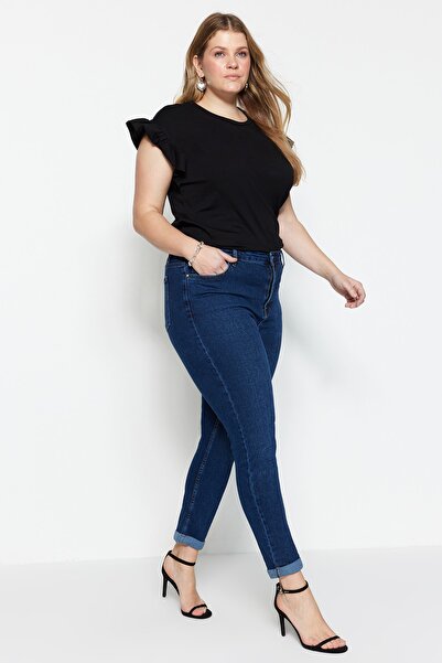 Trendyol Curve Dunkelblaue, hoch taillierte, dehnbare Röhrenjeans mit Kräuseldetail TBBSS23CJ00003