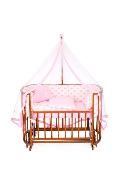 Bamgidoo Ahşap Beşik Anne Yanı Beşik Ceviz 60x120 Pembe Balina Uyku Seti Yata...