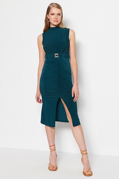 Trendyol Collection Smaragdgrünes Midi-Bleistiftkleid mit Stretch-Stoff - Gürteldetail Twoss22el0756