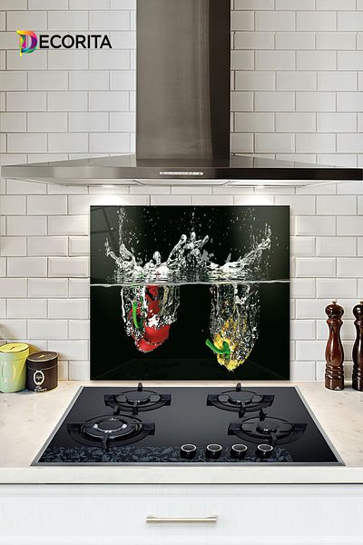 Decorita Protector de spate pentru aragaz din sticla |   Apă și legume |   52 cm X 60 cm