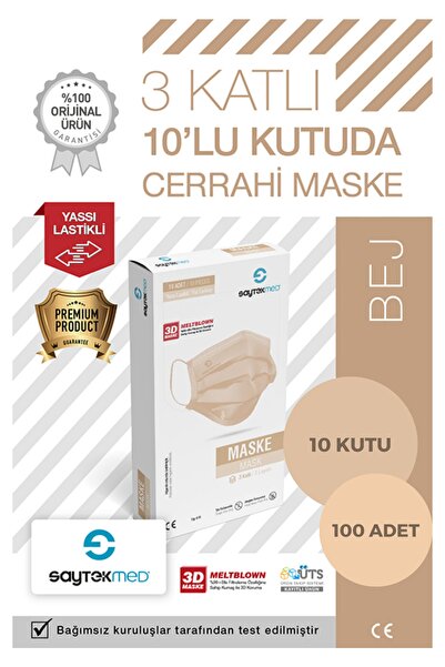 SAYTEKMED Meltblown Filtreli 3 Katlı Yassı Ipli 10'lu Pakette Bej Maske (100 Adet/10 Kutu)