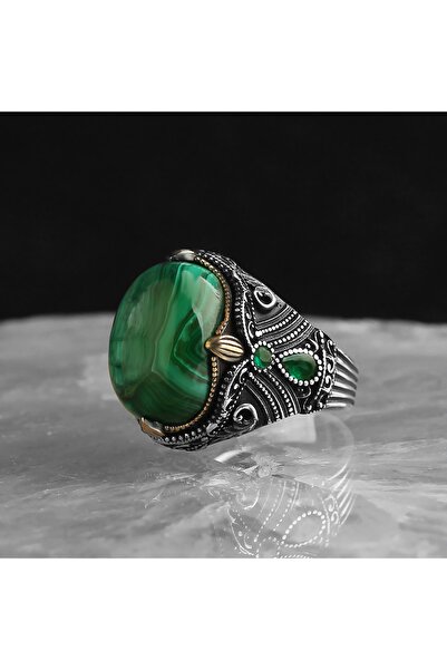 RevSilver 925 Ayar Gümüş Yüzük Doğal Malakit Taşı Yüksek Kaliteli Takı Mücevher