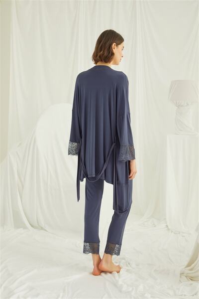 lohusahamile Navy Blue Lace Maternity Pajamas Set with Dressing Gown 18211