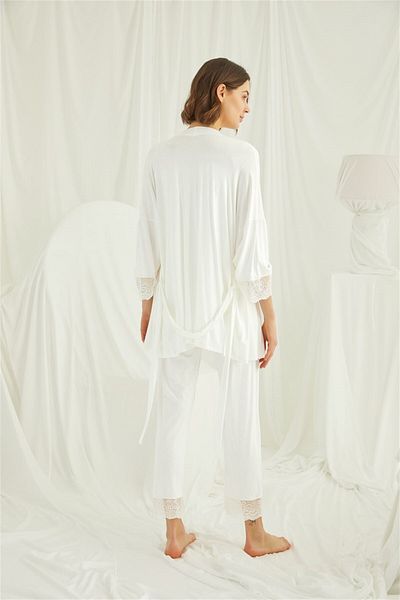 lohusahamile Ecru Lace Maternity Pajamas Set with Dressing Gown 18203
