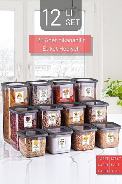 Nandy Home Set of 12 Labeled, Unbreakable Square Food Storage Container Anthracite X4 1.75 Lt/1.2 Lt/0.5 Lt