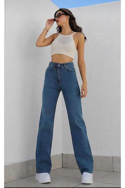Livik Pantaloni de blugi din denim din anii '90 Ness Gold pentru femei, albastru mediu, largi, lycra, talie super înaltă (foarte comozi)