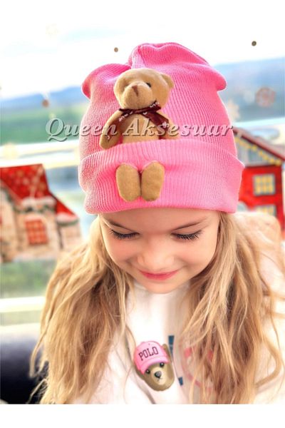 QUEEN AKSESUAR Trend Fashion Special Design Adult Boy Girl Unisex Kids Hat with Plush Teddy Bear Neon Pink Hat