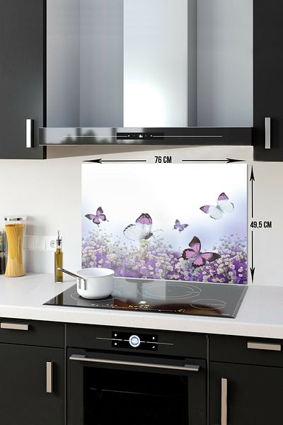 Decorita Protector de spate pentru aragaz din sticla |   Floare Mov Și Fluturi |   49,5 cm X 76 cm