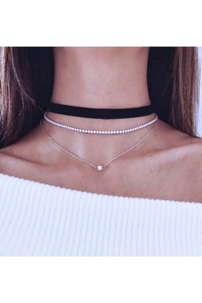 TakıConcept 3'lü Set Choker, Kadın Kolye, Taşlı Choker Boyun Kolye
