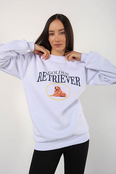 MODAGEN Γυναικείο φούτερ White Golden Retriever με στάμπα με λαιμόκοψη oversize