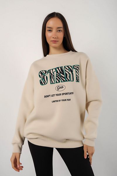 MODAGEN Dámská béžová mikina Crew Neck Start Printed Oversize