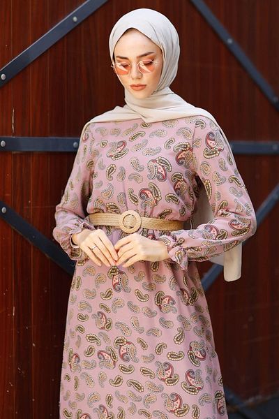 InStyle Φόρεμα Hijab σιφόν με μοτίβο σάλι Straw Belt - Dusty Rose