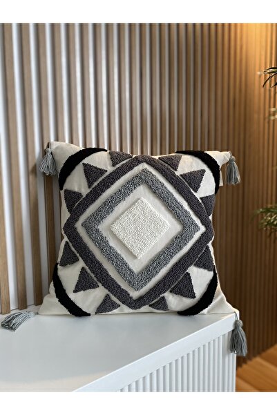 Geometric Shades of Grey Hand Embroidered Punch Cushion