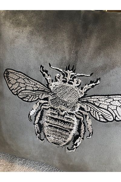 Hanlı Modern Design Decorative Throw Pillow/ Pillow with Bee Embroidery on Gray Velvet