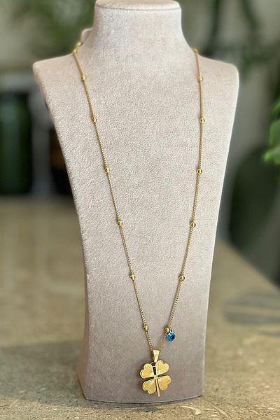 X-Lady Accessories Gold Color 4 Leaf Clover Long Barley Necklace - 2170