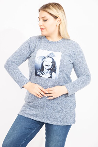 Şans Жіноча туніка великого розміру з синьої вовняної віскози з аплікацією та боковими розрізами 65n35449