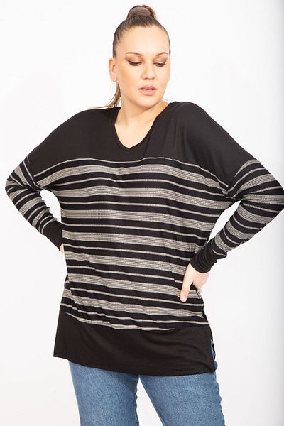 Şans Women's Large Size Black Stripe Patterned V-Neck Viscose Tunic 65n35484