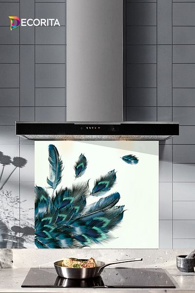 Decorita Protector de spate pentru aragaz din sticla |   Model de plume |   52 cm X 60 cm