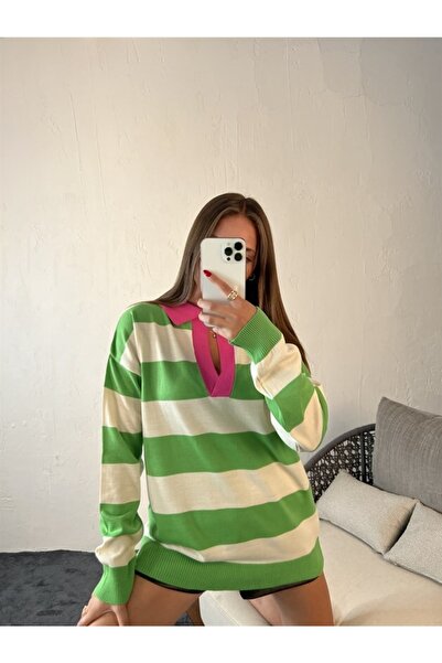 Ece Knitwear Polo Collar Sweater Light Green Fuchsia
