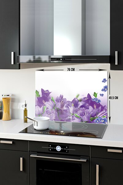 Decorita Cam Ocak Arkası Koruyucu | Mor Çiçek Desenli | 49.5cm X 76cm