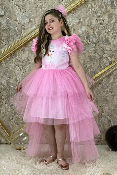 ABİYEKİDS Elsa Katkat Tarz Model Parti Elbisesi Pembe Aby735