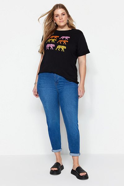 Trendyol Curve Black Printed T-Shirt - 100% Cotton, TBBSS22TS2095