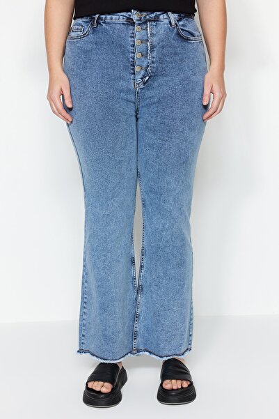 Trendyol Curve Μπλε ψηλόμεσο τζιν και φούντα με λεπτομερή ισπανικό τζιν TBBSS23AR00013