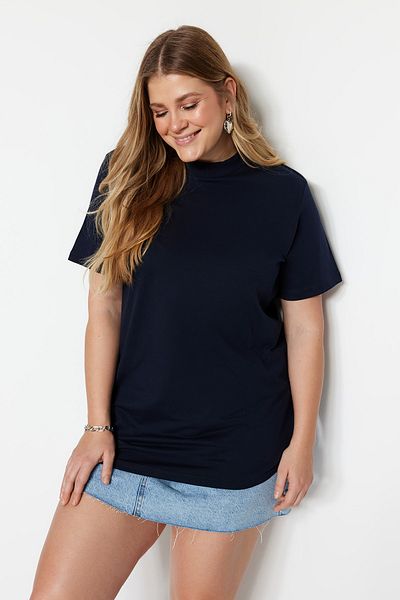 Trendyol Curve 100% pamut sötétkék Boyfriend póló - bordás gallér TBBSS23BF00019