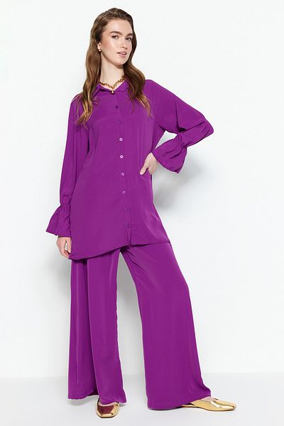 Trendyol Modest Lila, széles szárú szőtt aerobin ing-nadrág szett TCTSS23US00045