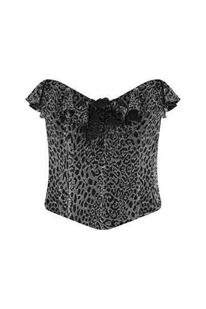 Urban Muse Jakarlı Çiçek Broşlu Korse Büstiyer- Gümüş Gri