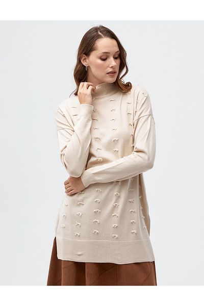 Kayra Beige Colored Decorative Tasseled Knitwear Tunic