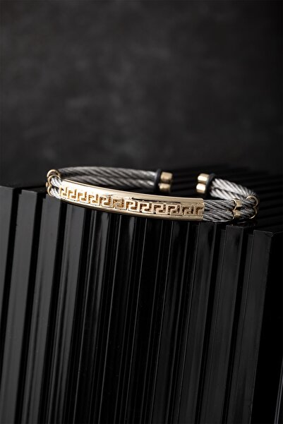 Cenova Jewelry 14 Ayar Altın Örme Çelik Kelepçe Erkek Bileklik