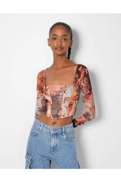 alenmoda Ψηφιακή εμπριμέ μπλούζα με τετράγωνο λαιμόκοψη με λουλούδια