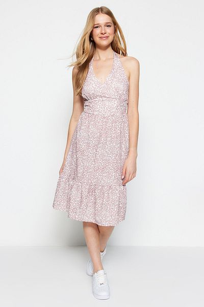 Trendyol Collection Ecru A-Line Woven Midi Halter Neck Patterned Woven Dress TWOSS23EL00144