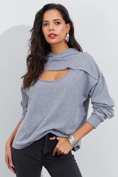 Cool & Sexy Dámská šedá mikina s kapucí a okénkem na přední straně Yİ2486