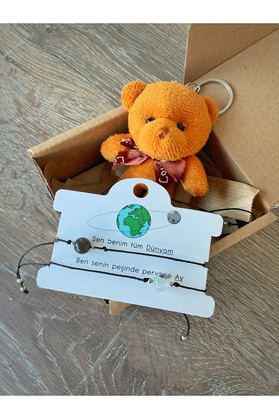 Atölye Merdiven Valentine's Day Gift Set Natural Stone and Teddy Bear Keychain Bracelet Set