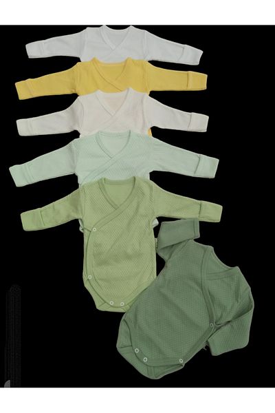 özdemirli bebe Long Sleeve Self Gloves, Double Breasted Badi with Snaps (Pack of 6) White-yellow-cream-watergreen-teal-mold